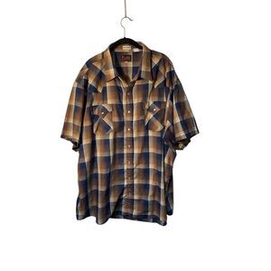 Plains men’s western wear, pearl snap button, brown and blue short sleeve shirt